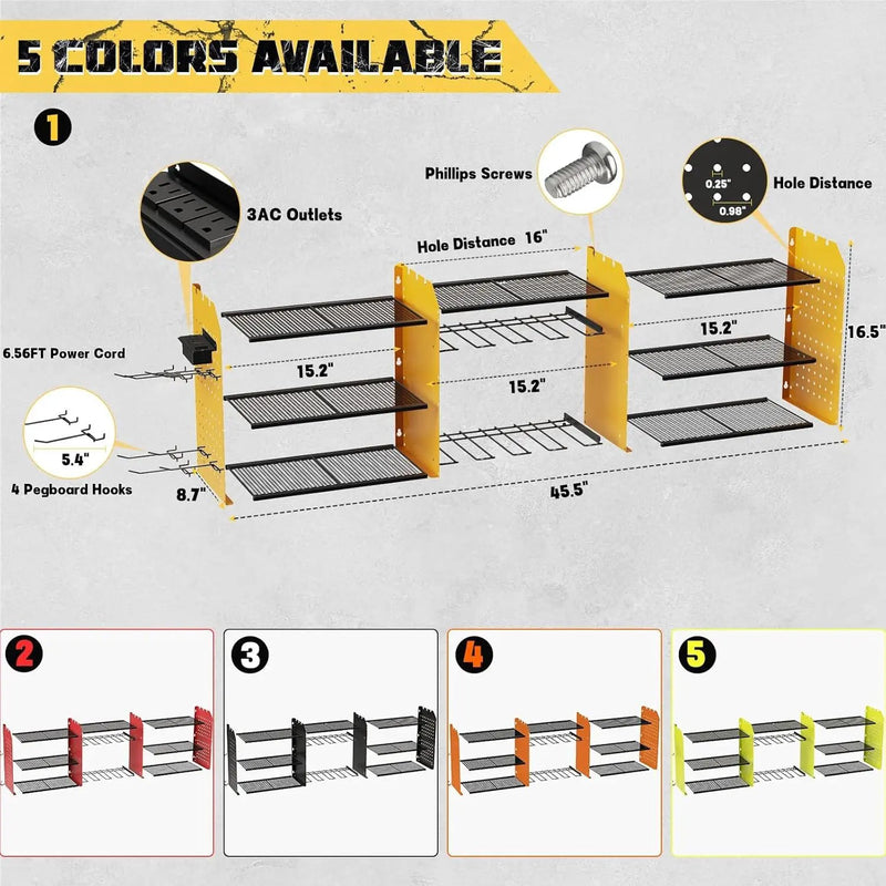 Power Tool Organizer with Charging Station Wall Mount, 3 Layer Expanded Heavy Duty Garage Organization, 45.5 Inch Length Garage Tool Storage, 8 Drills, 2 Assemble Method, Yellow by GreenHaven Gardens