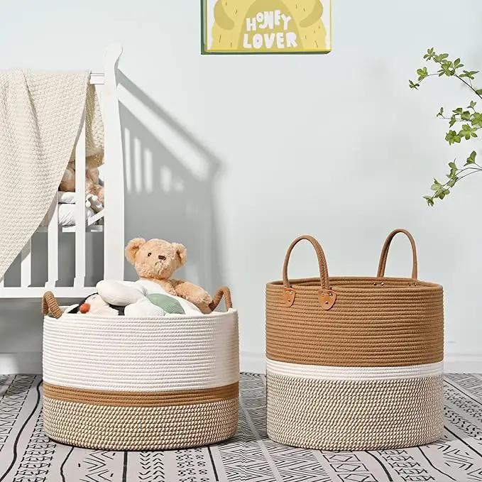 KAKAMAY Large Blanket Basket (20"x13"),Woven Baskets for storage Baby Laundry Hamper, Cotton Rope Blanket Basket for Living Room, Laundry, Nursery, Pillows, Baby Toy chest (White/Brown) by GreenHaven Gardens