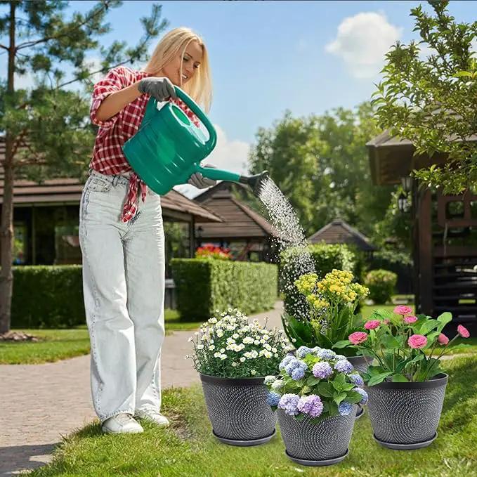 Quarut Large 12 Inch Plant Pot for Plants Outdoor Indoor, 4 Pack Plastic Flower Pots with Drainage Hole & Saucer, Modern Decorative Garden Pot with Saucer, Plant Container for House（Gray） by GreenHaven Gardens