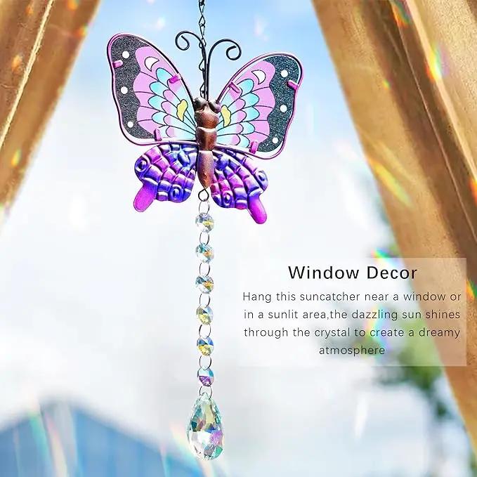 Set 2 Metal Butterfly Suncatchers for Windows - 14" Outdoor Fence Wall Art Decor, Rainbow Prisms Sun Catchers with Crystals Hanging for Home Garden Ornament by GreenHaven Gardens