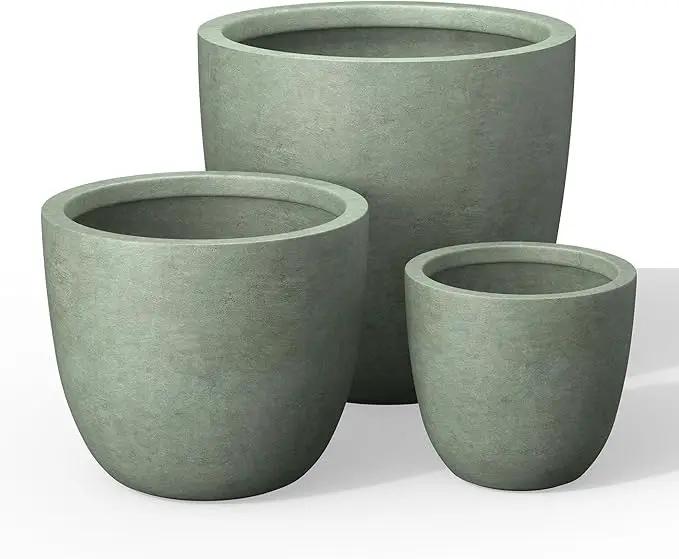 Kante 18",14",10" Dia Concrete Round Planters (Set of 3), Outdoor Indoor Large Planter Pots with Drainage Hole and Rubber Plug for Home Patio Garden, Mint Green by GreenHaven Gardens