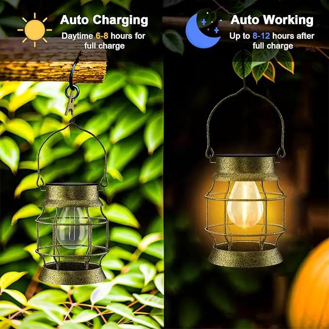 Solar Lantern 2 Pack Solar Outdoor Lights Metal Hanging Lights for Outside Waterproof Retro Design with Edison Bulb Decorative for Patio Porch Fence Garden Lawn by GreenHaven Gardens