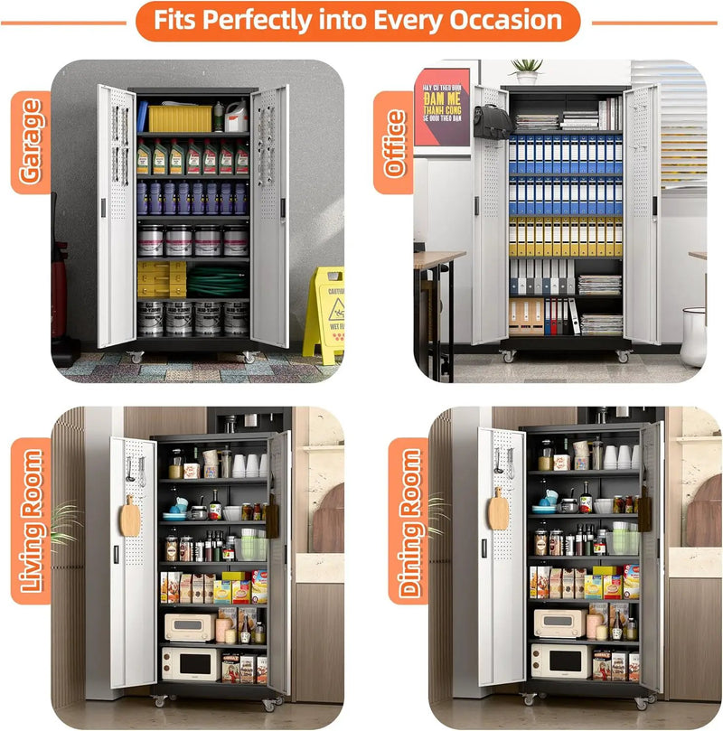 Aobabo 71" H×32" W×16" D Metal Storage Cabinet with Wheels, Garage Steel Storage Cabinet with 5 Adjustable Shelves and 4 Hooks for Home Office,Kitchen, Black Silver,Assembly Required by GreenHaven Gardens