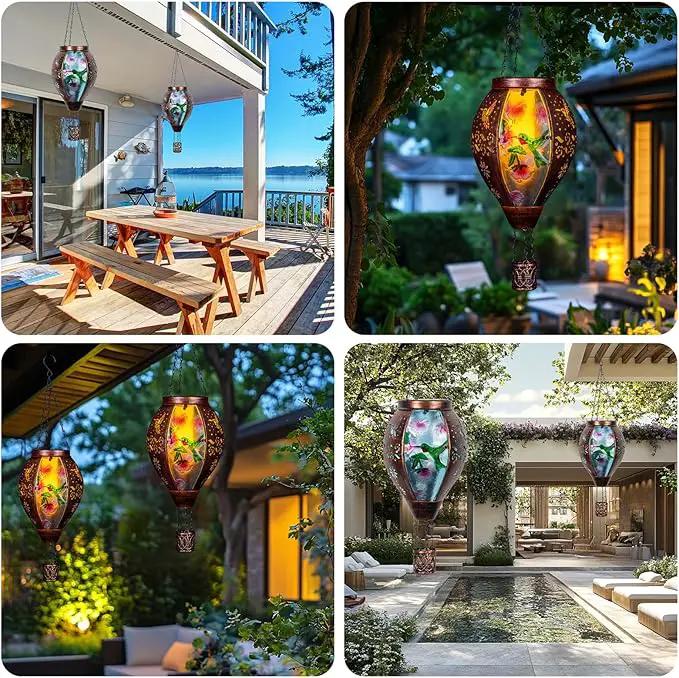 Hummingbird Hot Air Balloon Solar Lantern, Metal & Glass Flickering Flame Light Solar Lantern, Hanging Waterproof Solar Lanterns Outdoor for Garden Patio Tree Decoration by GreenHaven Gardens