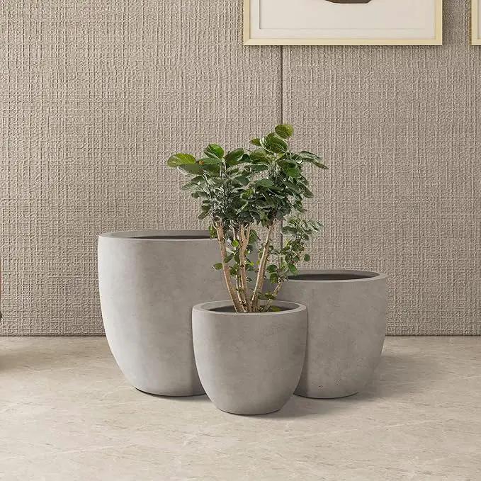 Kante 18",14",10" Dia Concrete Round Planters (Set of 3), Outdoor Indoor Large Planter Pots with Drainage Hole and Rubber Plug for Home Patio Garden, Buff Concrete by GreenHaven Gardens