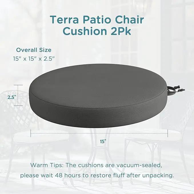 Codi Round Outdoor Chair Cushions 15 Inch, Patio Bistro Cushion Set of 2, Waterproof with Adjustable Straps, Grey 15x15'' by GreenHaven Gardens