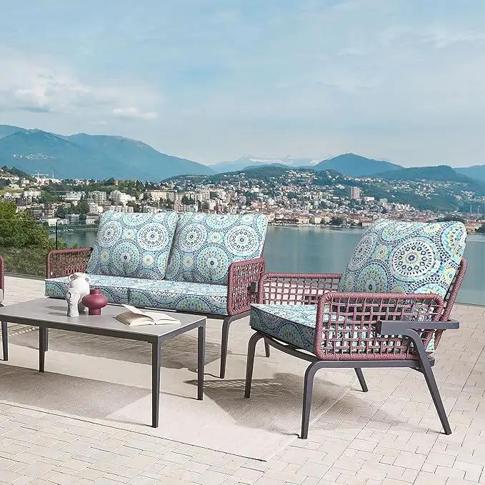 LVTXIII Outdoor Deep Seat Cushion Patio Seat and Back Cushion Set Seasonal Chair Cushion with Removable Cover and Adjustable Buckle for Home and Garden, 24"x24"x4", Delancey Lagoon by GreenHaven Gardens