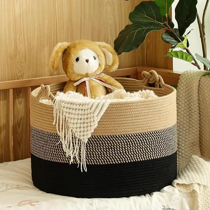 KAKAMAY Large Blanket Basket (20"x13"),Woven Rope Baskets for storage Baby Laundry Hamper, Cotton Rope Blanket Basket for Living Room, Laundry, Nursery, Pillows,Baby Toy chest (Jute/Black) by GreenHaven Gardens
