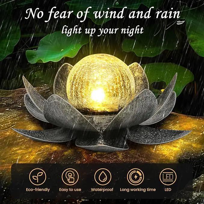 GIGALUMI Solar Light Outdoor Garden Decor, Lotus Flower Light Crackle Globe Glass Lantern Outdoor Table Decor Waterproof for Patio, Lawn, Pathway, Pool, Pond (Grey Petal) by GreenHaven Gardens