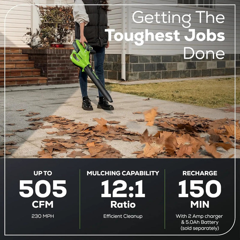 Greenworks 40V (230 MPH / 505 CFM) Cordless Brushless Leaf Blower/Vacuum with Bag, High Power, Lightweight & Quiet for Yard Debris Cleanup, Battery and Charger not included by GreenHaven Gardens