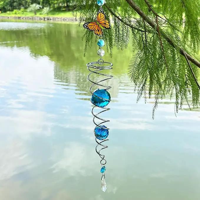 FONMY Butterfly Sun Catcher Gazing Ball Wind Spinner Rainbow Maker Silver Spiral W/ K9 Blue Crystal Ball Christmas Gfit Tree Hanging Ornament Indoor Outdoor Garden Decor. 19.5inch H by GreenHaven Gardens