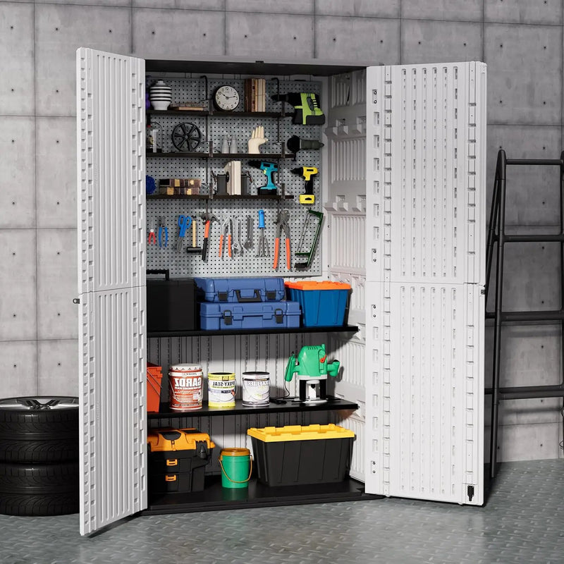 ZZM Resin Outdoor Storage Shed, 67 Cu.ft Vertical Resin Tool 4x6 FT Cabinet w/o Shelf for Garden, Patio, Backyard, All-Weather Outdoor Plastic Storage Clearance, Lockable with Floor (Light-White) by GreenHaven Gardens