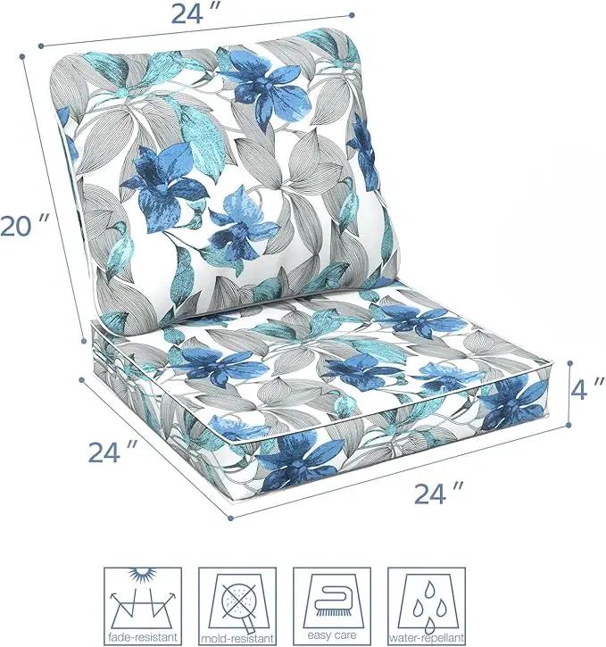 LVTXIII Outdoor Seat and Back Cushion Patio Deep Seat Cushion Set Seasonal Chair Cushion for Wicker Chairs and Garden Furniture Decoration, 24"x24"x4", Clemens Noir Blue by GreenHaven Gardens