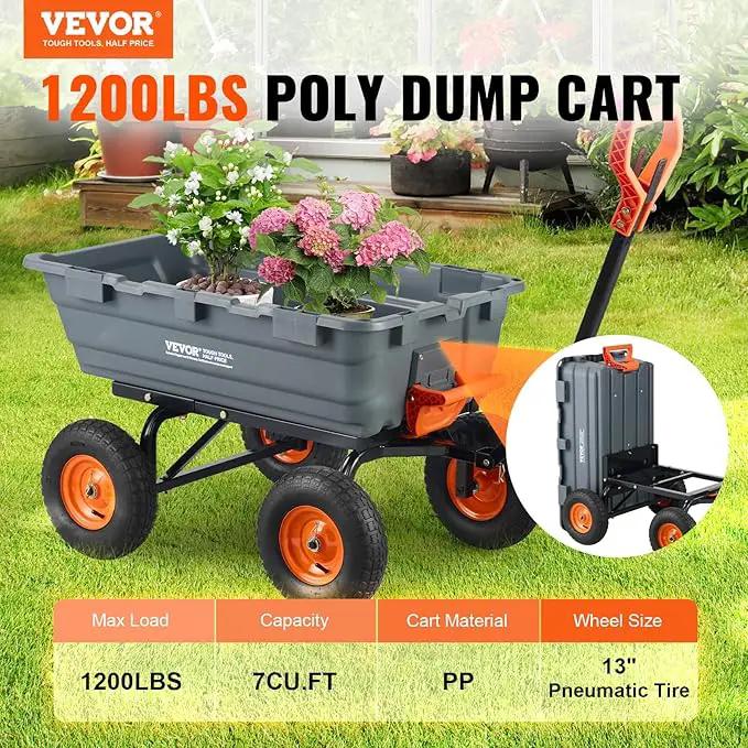VEVOR 1200lbs 7Cu.Ft. Garden Dump Cart with 2-in-1 Convertible Handle and 13in All Terrain Wheels, Heavy Duty Poly Yard Dump Wagon Utility ATV Trailer Dump Cart Tow Behind for Lawn Mower Tractor by GreenHaven Gardens