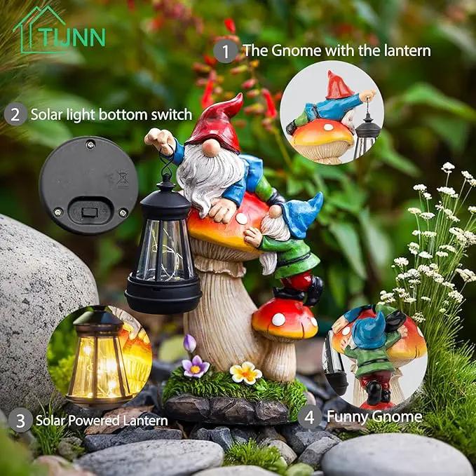 Solar Garden Statue Gnomes Figurine Lights,Funny Gnomes Standing on Mushrooms with Lanterns, with Lanterns Outdoor Yard Decorations for Patio Porch Home, Garden Gifts for Women Mom by GreenHaven Gardens