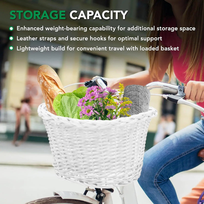 ProSource Wicker Bike Basket Front Cargo for Women and Men, Fits Most Bikes, Beach Cruiser, Stationary Bike, Ebike, Road Bike, White by GreenHaven Gardens