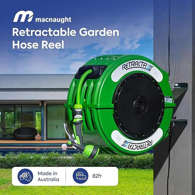 Macnaught Retractable Garden Hose Reel, 82 Ft Water Hose Reel Heavy Duty Retractable Hose with Metal 180° Swivel Rotation Bracket for Wall Mount - Green by GreenHaven Gardens