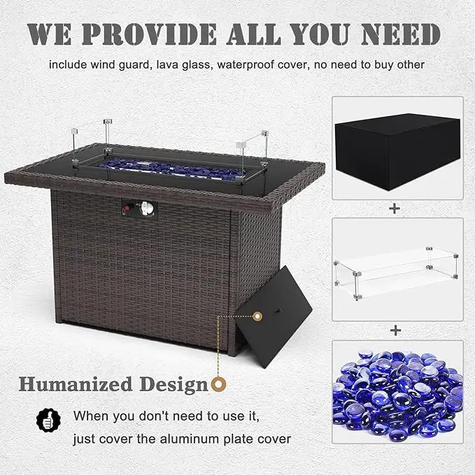 Propane Fire Pit Table,44 Inch 55000 BTU Outdoor Gas Fire Pit Rectangular with Glass Wind Guard for Outside Patio Deck (Brown-Glass Top) by GreenHaven Gardens