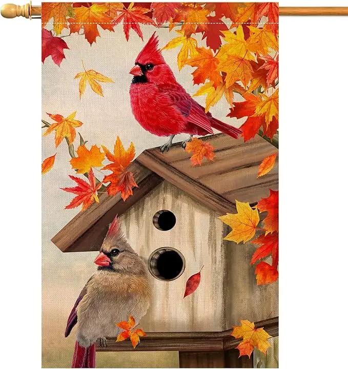 BLKWHT Fall Cardinal Bird House Flag 28x40 Vertical Double Sided Maple Leaves Welcome Autumn Thanksgiving Holiday Outside Decorations Burlap Yard Flag BW829-40 by GreenHaven Gardens
