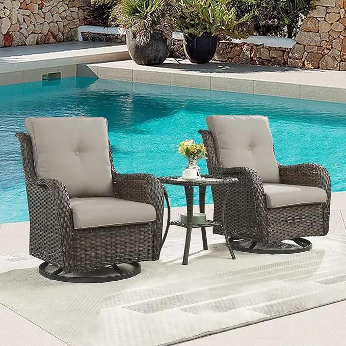 Outdoor Patio Swivel Rocker Chairs - 3 Piece Patio Bistro Set,Wicker Patio Furniture Set with 2 Swivel Rocking Chairs and 1 Glass Top Side Table for Deck Porch Garden,rown/Grey by GreenHaven Gardens