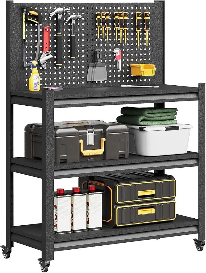 Workbench with Pegboard, Adjustable Heavy Duty Work Table with Wheels, Heavy Duty Workstation, Metal Tool Work Bench for Garage Warehouse Workshop, 48" H x 18" D x 34" W, Black by GreenHaven Gardens