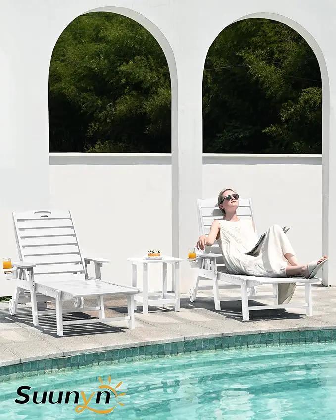 Lounge Chair Outdoor Set of 2, HDPE Chaise Lounge Outdoor with 6-Position & Wheels &Cup Holder, Pool Lounge Chair for Pool Poolside Deck Backyard Patio, White by GreenHaven Gardens