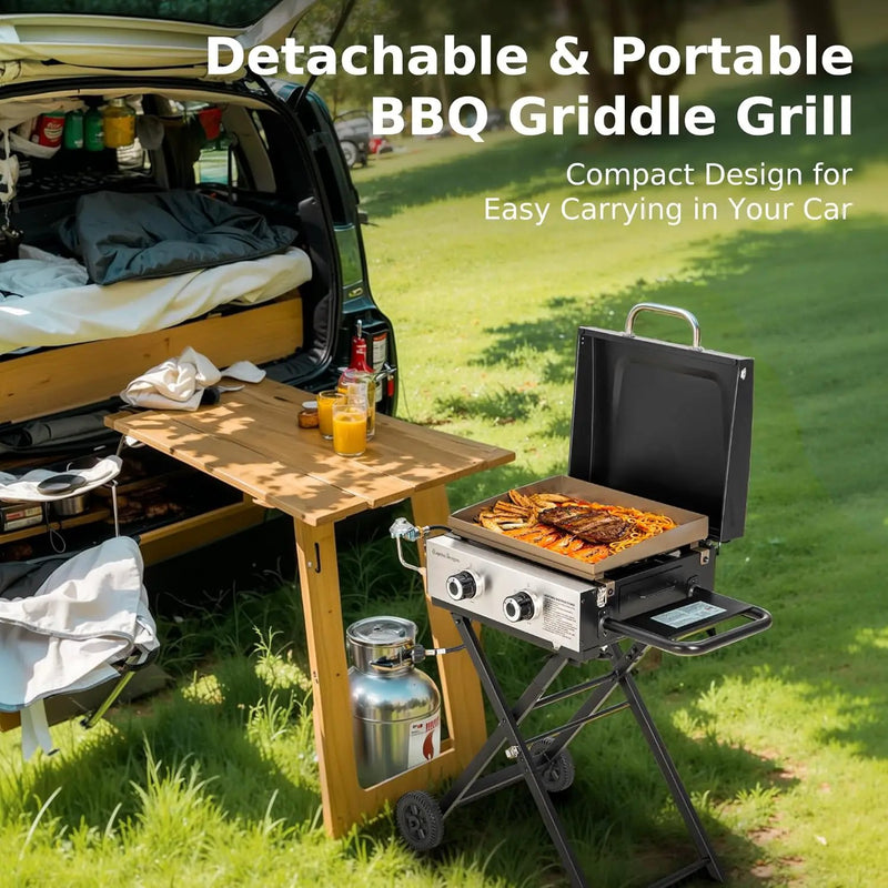 MFSTUDIO Small Portable Propane Griddle, 2 In 1 Gas BBQ Travel Grill with Foldable Stand, Compact and Light Countertop Grills with 2 Burners and Side Table, for Outdoor Cooking, Camping and Roadtrip by GreenHaven Gardens