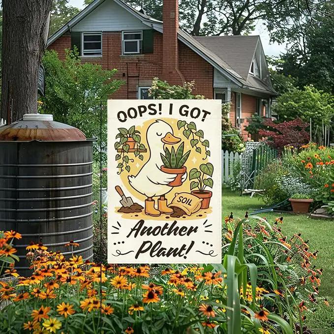 Funny Silly Goose Garden Flag Oops I Got Another Plant Lover Gift Outdoor Decorations Small Double Sided Burlap art Stained Glass Style Garden Flags 12 x 18 Inch for Outside by GreenHaven Gardens