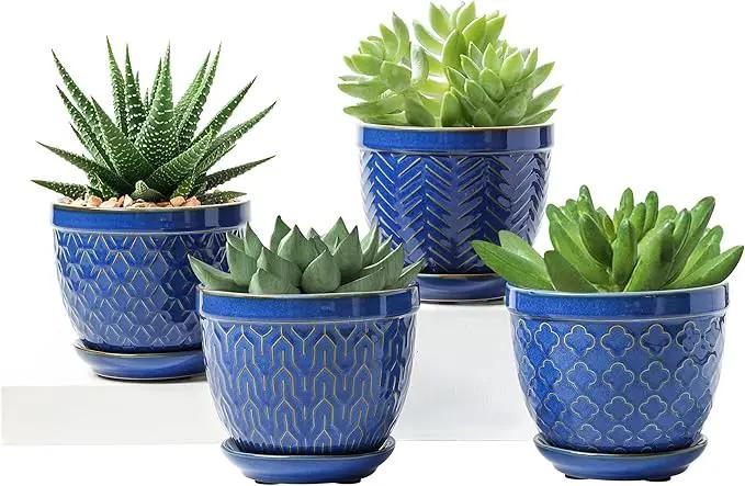 Sureasy Ceramic Plant Pots, 4.7 Inch Flower Pots for Indoor Plants, Succulent Pots with Saucer and Drainage Hole, Decorative Planter for Succulent, Cactus, Set of 4, Blue by GreenHaven Gardens