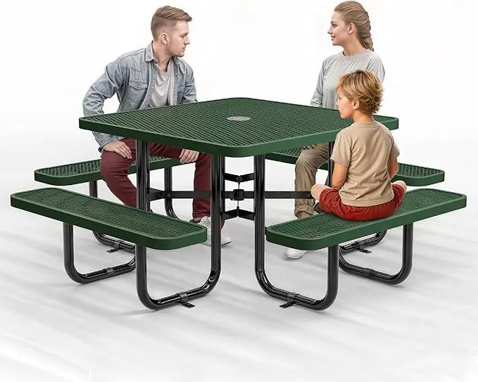 Metal Picnic Tables for Outdoors with Umbrella Hole - Coated Steel Heavy Duty Commercial Grade Table with Adjustable Seats (Green, 46 in, Square, Expanded Steel) by GreenHaven Gardens
