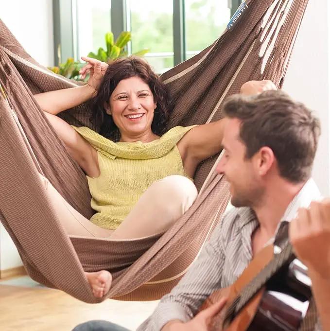 LA SIESTA® - XL King Habana Cotton Hammock Chair & Romano Steel Stand - Hanging Hammock Chair w/Stand - Indoor Outdoor Hammock Chair Swing for Bedroom Porch Balcony - Boho Hanging Chair - Chocolate by GreenHaven Gardens
