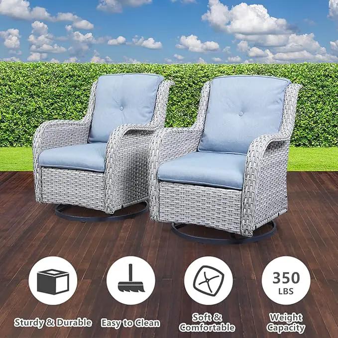 Wicker Patio Furniture Sets - 8 Piece Outdoor Rattan Furniture Conversation Sets with 4 Swivel Rocker Chairs, Rattan Sofa, Wicker Ottomans and Coffee Table, Light Grey/Baby Blue by GreenHaven Gardens