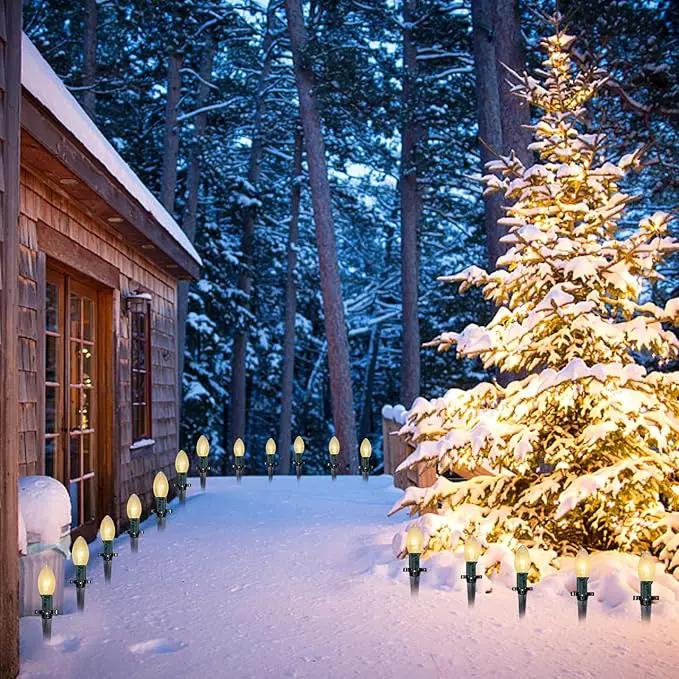 C9 Christmas Pathway String Lights, 38Ft Clear Pathway String Lights Outdoor with 25 Clear Bulbs and Stakes, Waterproof Walkway Lights for Outside Driveway Sidewalk Outdoor Christmas Decorations by GreenHaven Gardens