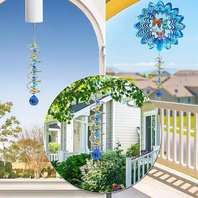 FONMY Gazing Ball Spiral Tail -Decorative Wind Spinner Sun Catcher Rainbow Maker Double-Spiral W/Sea Blue Crystal Ball and Chain Crystals for Indoor Outdoor Garden Decoration -14 inch Height by GreenHaven Gardens