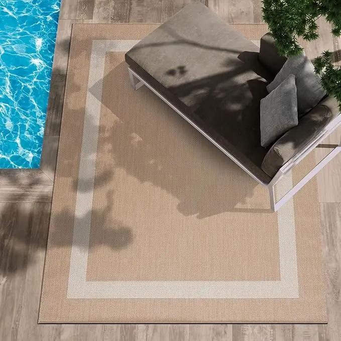 CAMILSON Outdoor Rug 8x10, Modern Outside Rugs for Patios Porches Waterproof Durable Washable Non-Shedding, Easy-to-Clean Indoor Outdoor Area Carpet (8 x 10, Bordered - Beige/White) by GreenHaven Gardens