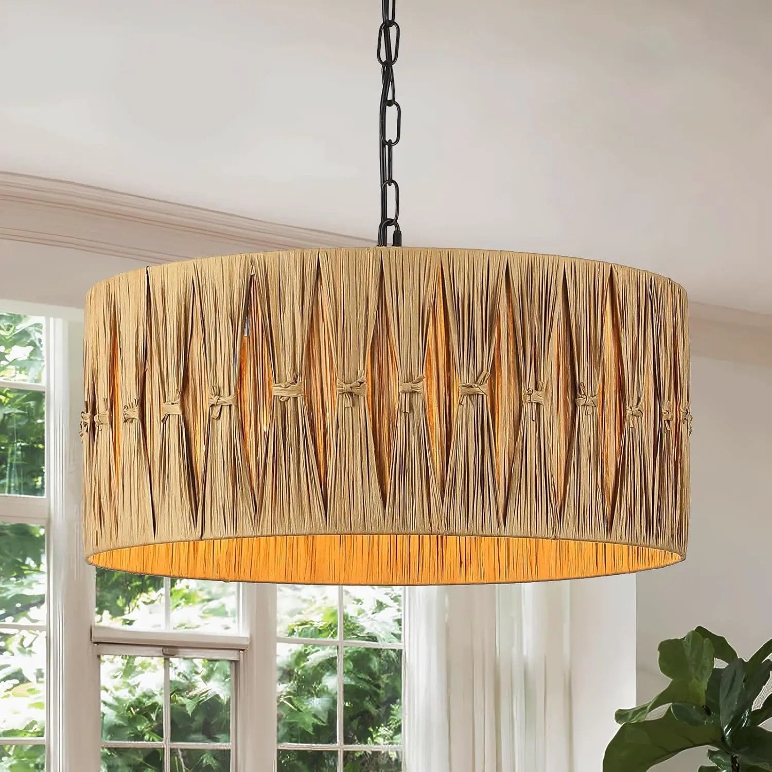 5-Light Boho Chandelier Light Fixture, 18.5" Large Raffia Drum Chandelier Hand Woven Coastal Pendant Light for Dining Room Kitchen Entryway Foyer Bedroom by GreenHaven Gardens