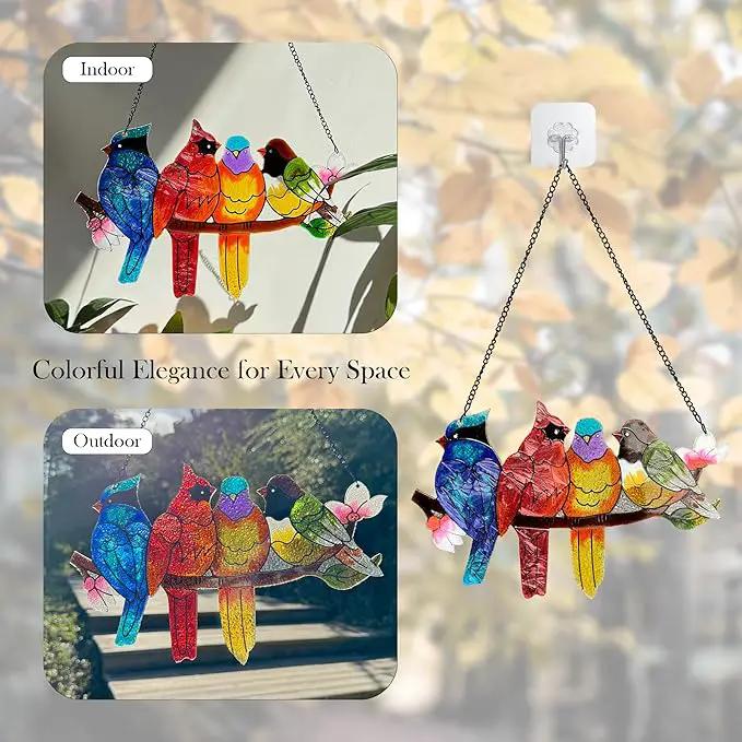 Stained Glass Window Hanging - Large Suncatcher Stained Glass Birds on Branch, Sun Catchers for Indoor Window Doors Room Home Decoration Hummingbird Gifts for Bird Lovers by GreenHaven Gardens