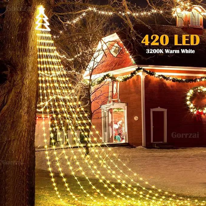 420 LED Outdoor Christmas Decorations Star String Lights Waterproof Christmas Tree Topper, 8 Lighting Modes Waterfall Lights for Tree Patio Garden Yard Party (Warm White) by GreenHaven Gardens