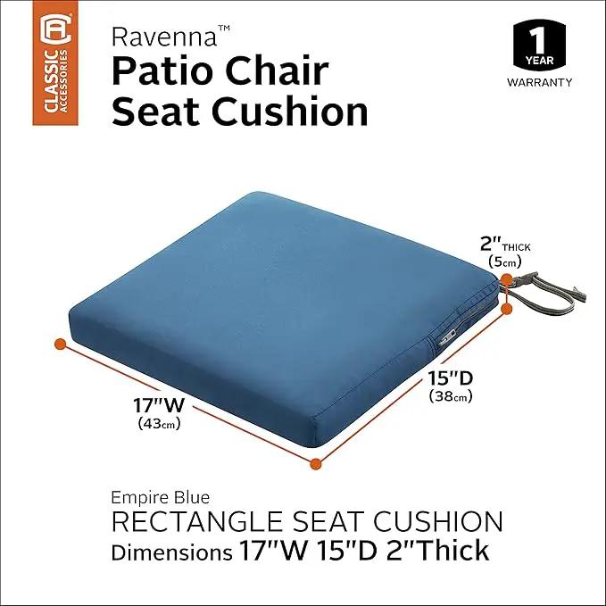 Classic Accessories Ravenna Water-Resistant 17 x 15 x 2 Inch Patio Seat Cushion, Empire Blue, Chair Seat Cushion by GreenHaven Gardens
