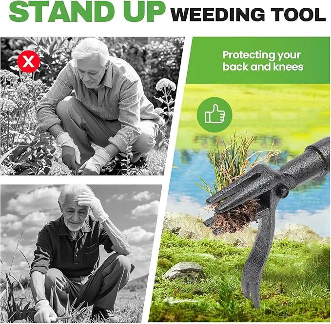 Weed Puller Tool Stand Up Weed Puller Tool with 3-Section Bamboo Handle & 4-Claw Steel Head Manual Weeder for Lawn and Garden (Bamboo) by GreenHaven Gardens