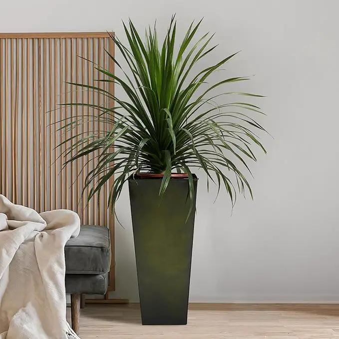 WORTH Garden 28" Large Metal Glazed Planter Set of 2, Luxurious Glossy Finish Green Tall Square Tapered Steel Plant Pots, Decor Flower Pot Indoor & Outdoor, Drainage Hole & Dual-Purpose Plant Saucer by GreenHaven Gardens
