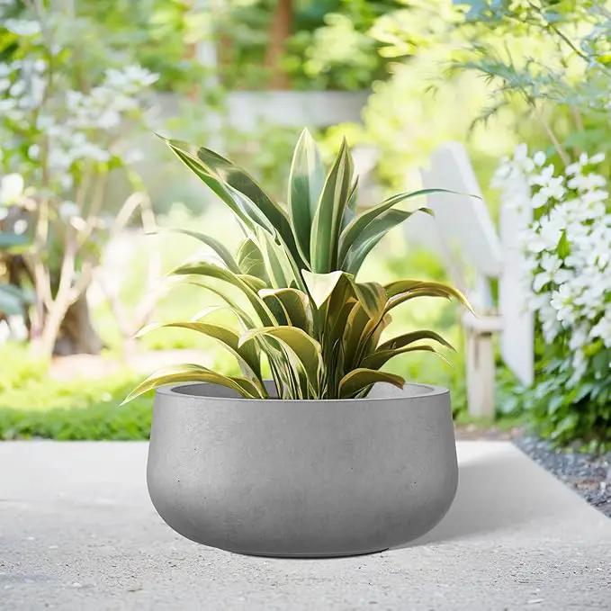 Kante 11.8" Dia Round Concrete Planter, Cement Plant Pots with Drainage Hole and Rubber Plug for Outdoor Indoor Garden Home, Modern Curvaceous Design, Natural Concrete by GreenHaven Gardens