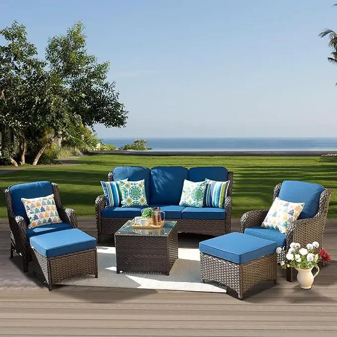ovios 6 Pieces Patio Furniture Set, Outdoor Wicker Sofas with Glass Coffee Table and Comfy Cushions, All Weather High Back Couch Set for Deck Porch, Brown Rattan, Navy Blue by GreenHaven Gardens