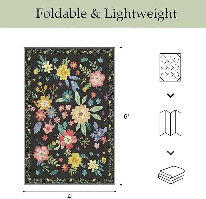 GENIMO Indoor Outdoor Area Rug 4' X 6' Waterproof, Washable Patio Rug Non Shedding, Easy Cleaning Floral Outdoor Carpet for Living Room, Bedroom, Dining Room, Balcony, Backyard, Deck, RV, Black by GreenHaven Gardens
