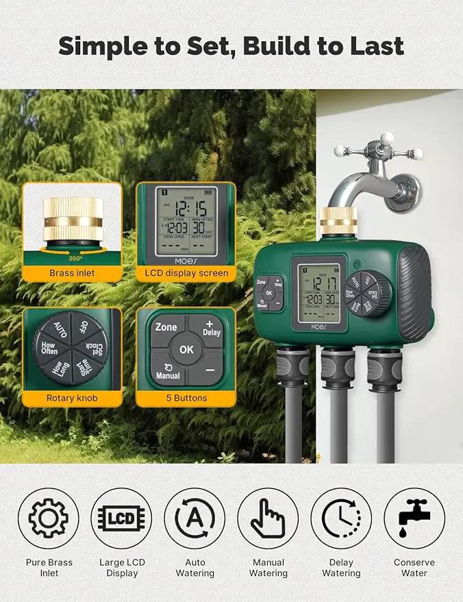 MOES 3 Outlet Sprinkler Timer, Brass Inlet, Programmable Automatic Irrigation Controller, Rain Delay, Manual Watering, 3 Zone Water Hose Timer for Gardens, Lawns, and Hose Systems by GreenHaven Gardens