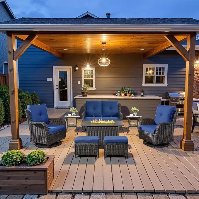 8 Piece Outdoor Patio Furniture Set - 41" CSA Propane Fire Pit Table Patio Conversation Set with Swivel Rocker Outdoor Chairs, Wicker loveseat and Ottoman for Outside Casual Gathering by GreenHaven Gardens