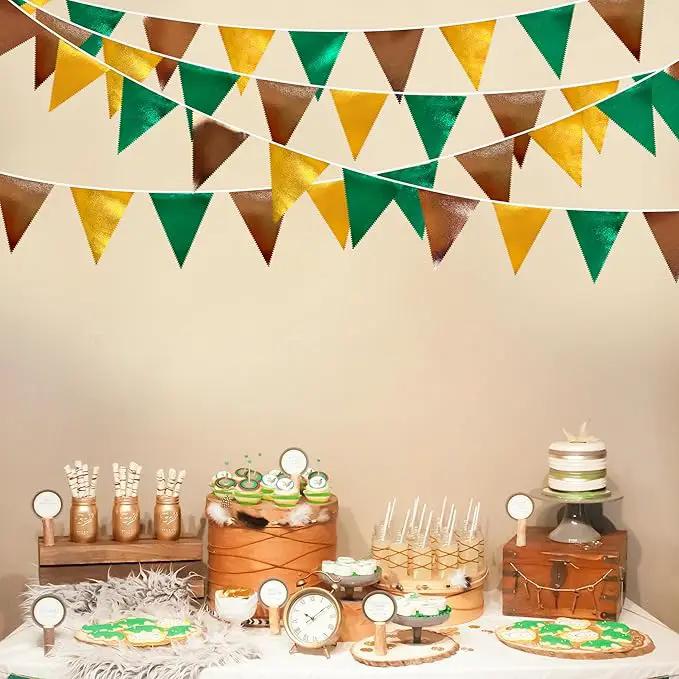 Green Gold Brown Metallic Fabric Triangle Pennant Banner Flag Bunting Garland for Football Jungle Safari Wild Woodland Birthday Baby Shower Wedding Bachelorette Graduations Party Decorations Supplies by GreenHaven Gardens