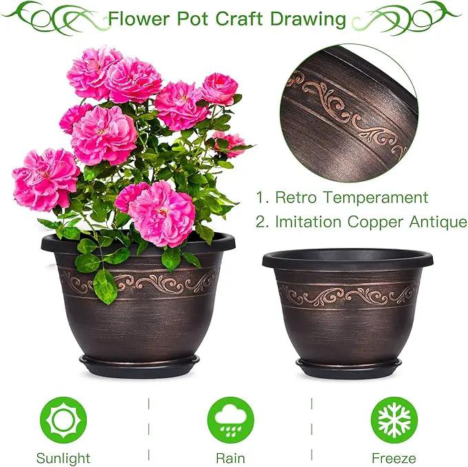 Plastic-Plant-Flower-Planters-14 Inch with Drainage Hole & Saucer, 3 Packs Lightweight Large Resin Flower Pot Indoor Outdoor, Retro Antique Imitation Decorative Garden Containers Sets for Houseplants by GreenHaven Gardens