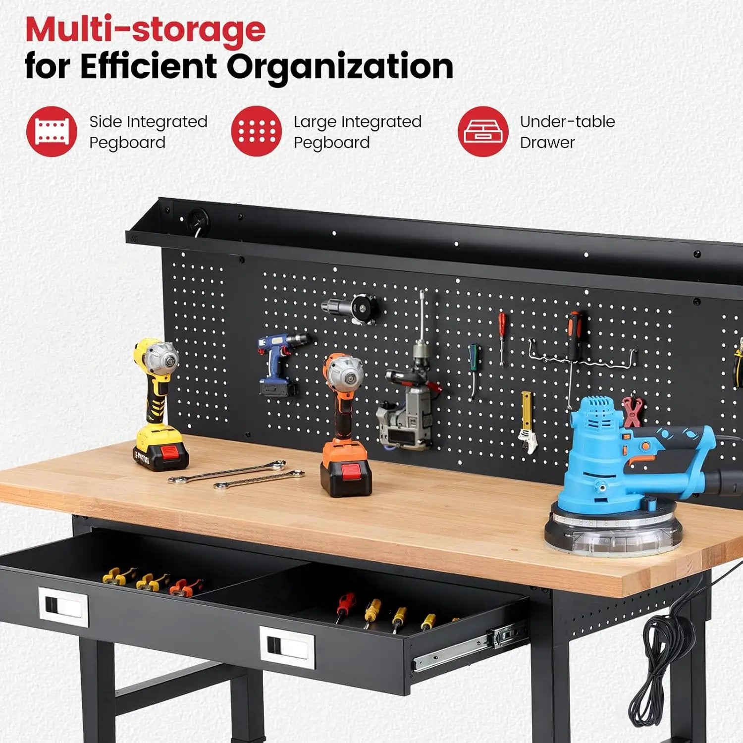 Workbench with Wheels 60 x 22 Inch Heavy Duty Rubber Wood Tabletop Work Bench with Pegboard, Drawers, Power Outlets Adjustable Height Work Table for Woodworking Shop, Home, Office by GreenHaven Gardens