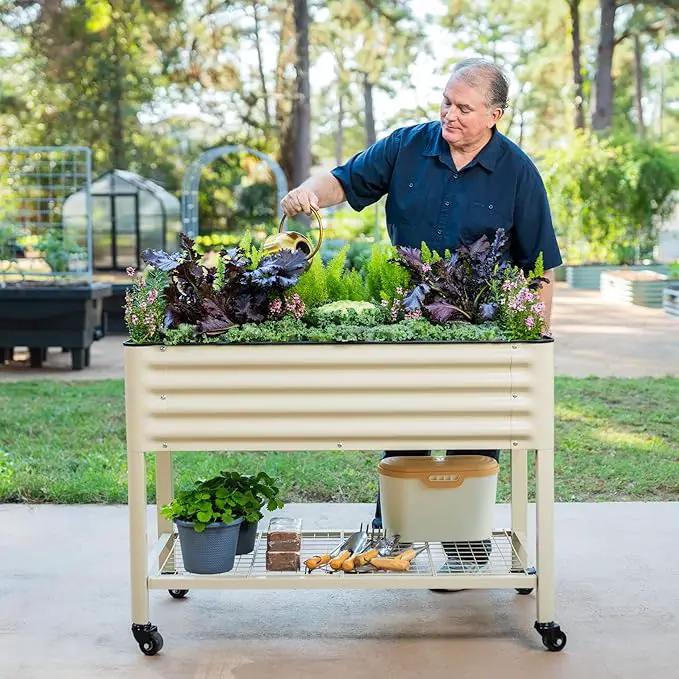 Rolling Elevated Raised Garden Bed-V Series, 2' x 4' Garden Beds with Legs & Storage Rack for Patio & Porch, 700 Lbs Weight Capacity, Outdoor Planter Box for Vegetables Flower Herbs, Olive Green by GreenHaven Gardens